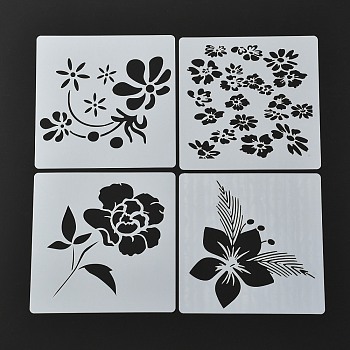PET Drawing Stencil, Reusable Stencils for Paper Wall Fabric Floor Furniture Canvas Wood, Painted Flowers, White, 15x15x0.02cm, 4pcs/Set