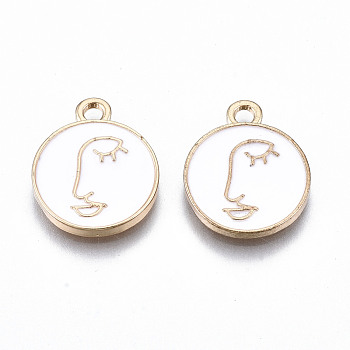 Light Gold Plated Alloy Enamel Pendants, Cadmium Free & Lead Free, Flat Round with Face, White, 16.5x13.5x2mm, Hole: 1.8mm