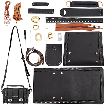 DIY PU Leather Shoulder Bag Kits, Including Fabric, Adjustable Bag Handle, Zinc Alloy Twist Lock Clasps, Screwdriver, Thread, Needle, Zipper, Black, 20~2025x12~76x0.2~33mm