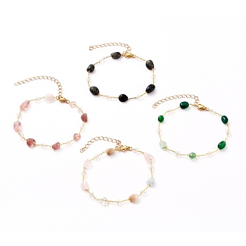 Nuggets Natural Gemstone Beaded Bracelets, with Glass Beads, Brass Cable Chains and 304 Stainless Steel Lobster Claw Clasps, Golden, 7-1/2 inch(19cm)