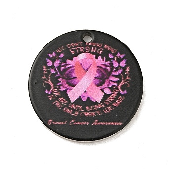 Breast Cancer Pink Awareness Ribbon Style 201 Stainless Steel Pendants, Flat Round, Stainless Steel Color, Hot Pink, 25x1mm, Hole: 1.8mm