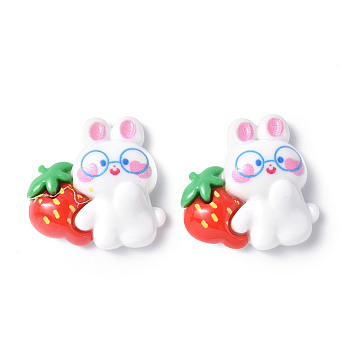 Opaque Resin Cabochons, Animal with Strawberry, Rabbit Pattern, 28x28x9mm