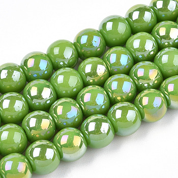 Electroplate Opaque Glass Beads Strands, AB Color Plated, Round, Lime Green, 9.5~10mm, Hole: 1.5mm, about 40~42pcs/strand, 14.76~15.12 inch(37.5~38.4cm)