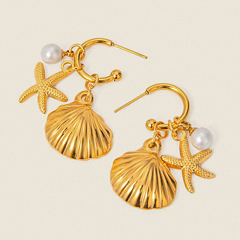 304 Stainless Steel Shell Shape with Starfish Dangle Stud Earrings, with Imitation Pearl, Real 18K Gold Plated, 6~17.7x14.1~19.1mm