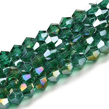 Transparent Electroplate Glass Beads Strands, AB Color Plated, Faceted, Bicone, Teal, 4x4mm, Hole: 0.8mm, about 87~98pcs/strand, 12.76~14.61 inch(32.4~37.1cm)