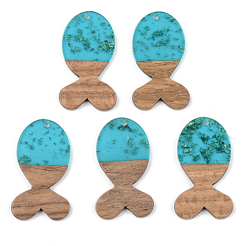 Transparent Resin & Walnut Wood Pendants, with Gold Foil, Fish, Dark Turquoise, 38x22x3mm, Hole: 2mm
