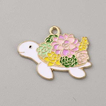 Alloy Enamel Pendants, Light Gold, with Flower Pattern Charm, Tortoise, 21x28x1.3mm, Hole: 1.8mm