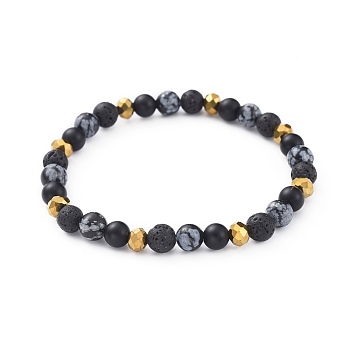 Stretch Bracelets, with Electroplate Glass Beads, Natural Lava Rock, Natural Black Agate(Dyed) and Natural Snowflake Obsidian Beads, 2-1/8 inch(5.5cm)