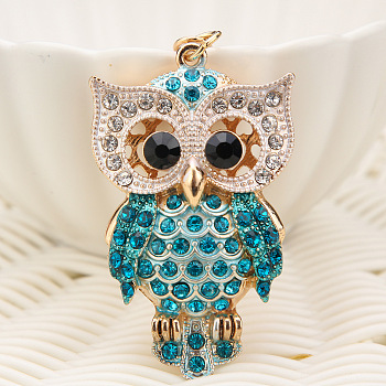 Owl Alloy Rhinestone Keychain, Cute Animal Charms Purse Handbags Decorations, Blue Zircon, 125x40mm