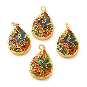 Alloy Enamel Pendants, with Jump Ring, Lead Free & Cadmium Free, Teardrop with Flower, Matte Gold Color, 32x21.5x8.5mm, Hole: 4mm, Jump Ring: 6x1mm