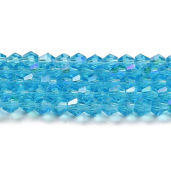 Transparent Electroplate Glass Beads Strands, AB Color Plated, Faceted, Bicone, Deep Sky Blue, 4x4mm, Hole: 0.8mm, about 87~98pcs/strand, 12.76~14.61 inch(32.4~37.1cm)
