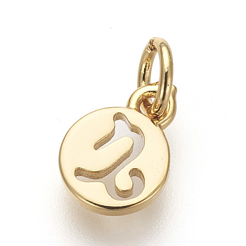Brass Charms, Lead Free & Cadmium Free, Flat Round with Constellations, Golden, Capricorn, 9.5x7x1mm, Hole: 3mm