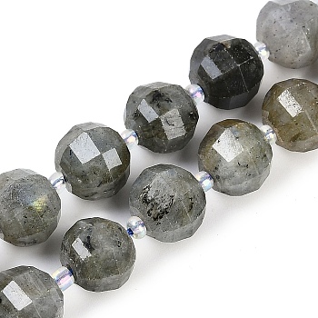 Natural Labradorite Beads Strands, Faceted, Lantern, with Seed Beads, 10~12x10~10.5mm, Hole: 1mm, about 30~35pcs/strand, 15.79~15.83''(40.1~40.2cm)