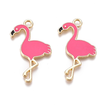 Alloy Enamel Pendants, Flamingo Shape, Golden, Hot Pink, 28.5x18x1mm, Hole: 2mm