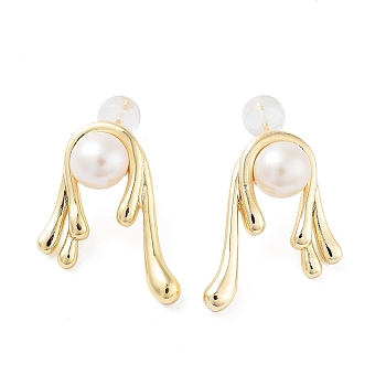 Natural Pearl Twist Stud Earrings, Brass Earrings with 925 Sterling Silver Pins, Real 14K Gold Plated, 23.5x18.5mm