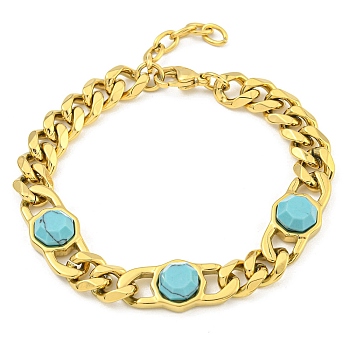 304 Stainless Steel & Synthetic Turquoise Polygon Link Bracelets for Women, Golden, 7-1/2 inch(19cm)