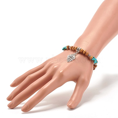 Bracelet extensible perles turquoises synthétiques étoile de mer & perles rondes bois naturel(BJEW-JB07270)-3