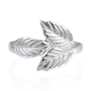 304 Stainless Steel Leaf Open Cuff Ring for Women(RJEW-N040-26)-2
