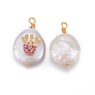 Natural Cultured Freshwater Pearl Pendants, with Brass Cubic Zirconia Findings, Nuggets with Crown, Golden, Old Rose, 17~26x11~16x5~11mm, Hole: 1.6~2mm(PEAR-E013-39D)