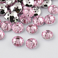 2-Hole Taiwan Acrylic Rhinestone Flat Round Buttons, Faceted & Silver Plated Pointed Back, Pink, 21x7mm, Hole: 1mm(BUTT-F015-21mm-22)