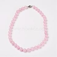 Natural Rose Quartz Beads Necklaces, with Brass Lobster Claw Clasps, Round, 17.7 inch(45cm) long, beads: 8mm.(NJEW-F138-8mm-05)