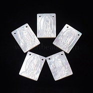 Natural White Shell Lady of Guadalupe Pendants, Religion, Rectangle with Virgin Mary, 15.5x12x2.5~3mm, Hole: 1mm(SSHEL-D083-30)