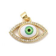 Brass Micro Pave Cubic Zirconia Pendants, with Acrylic, Cadmium Free & Lead Free, Long-Lasting Plated, Evil Eye, Real 18K Gold Plated, Green, 15x22.5x6mm, Hole: 4x3.5mm(KK-B059-40G-C)