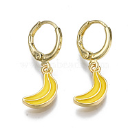 Brass Enamel Huggie Hoop Earrings, Nickel Free, Banana, Real 16K Gold Plated, Yellow, 27x7.5mm, Pin: 1mm(EJEW-T014-25G-NF)