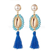 Beads Wire Wrap Long Dangle Stud Earring, Natural Shell with Polyester Tassel Drop Earrings for Women, Golden, Dodger Blue, 85mm, Pin: 0.9mm(EJEW-TA00039-02)