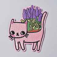 Computerized Embroidery Cloth Iron on/Sew on Patches, Costume Accessories, Appliques, Cat with Lavender Plant, Colorful, 85x70x1.8mm(DIY-P006-02)