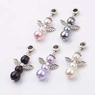 Alloy European Dangle Charms, Angel, Large Hole Pendants, with Glass Pearl Beads, Antique Silver, Mixed Color, 45mm, Hole: 4.5mm(X-PALLOY-JF00303)