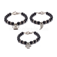 Matte Round Synthetic Black Stone Beaded Bracelet, Heart Clasp Bracelet, Alloy Charms Bracelet, Mixed Shapes, 8-1/8 inch(20.5cm)(BJEW-JB06963)