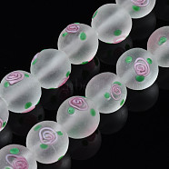 Handmade Frosted Lampwork Beads Strands, Round with Flower, Clear, 11~12mm, Hole: 1.4mm, about 45pcs/strand, 19.69 inch(50cm)(LAMP-N021-39C)