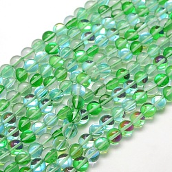 Synthetic Moonstone Beads Strands, Dyed, Holographic Beads, Half AB Color Plated, Round, Spring Green, 8mm, Hole: 1mm, about 49pcs/strand, 15 inch(G-F143-8mm-04)