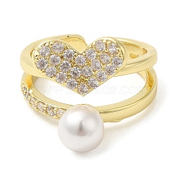 Rack Plating Brass Heart Open Cuff Ring with Cubic Zirconia, Plastic Pearl Beaded Ring for Women, Cadmium Free & Lead Free, Real 18K Gold Plated, Inner Diameter: 18mm(RJEW-M151-03G)