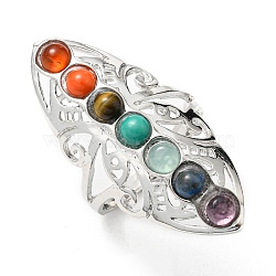 Natural Mixed Stone Butterfly Open Cuff Ring, Alloy Full Finger Wide Ring, Yoga Chakra Jewelry for Women, Platinum, US Size 8(18.1mm)(CHAK-PW0001-002)