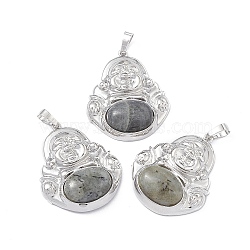 Natural Labradorite Pendants, Buddha Charms, with Platinum Tone Rack Plating Brass Findings, Cadmium Free & Lead Free, 39x32x9.5mm, Hole: 8x4.5mm(G-H283-01S)