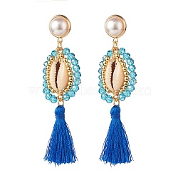 Beads Wire Wrap Long Dangle Stud Earring, Natural Shell with Polyester Tassel Drop Earrings for Women, Golden, Dodger Blue, 85mm, Pin: 0.9mm(EJEW-TA00039-02)