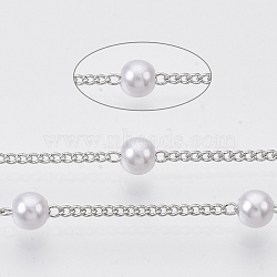 Handmade Brass Chains, with Round ABS Plastic Imitation Pearl Beads, Soldered, with Spool, Creamy White, Platinum, 2x1.2x0.4mm, about 39.37 Feet(12m)/roll(CHC-T008-05P)