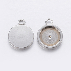201 Stainless Steel Pendant Cabochon Settings, Flat Round, Stainless Steel Color, Tray: 8mm, 13x10x2mm, Hole: 2mm(STAS-P198-17-8mm)
