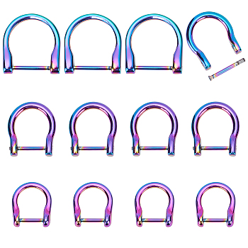 WADORN 12Pcs 3 Styles Alloy D-Ring Anchor Shackle Clasps, for Bracelet Making, Rainbow Color, 30.5~37x26~35.5x7.5mm, In Diameter: 21~29x15.5~23.5mm, 4pcs/style