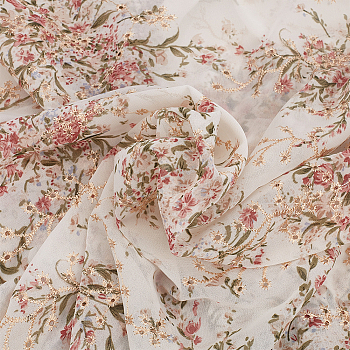 Embroidered Flowers Chiffon Fabric, Garment Accessories, Floral White, 154x0.04cm, about 2 yards/pc