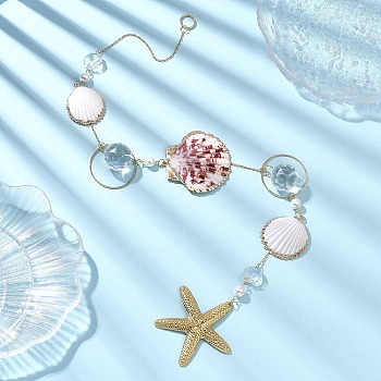 Electroplate Sea Shell & Glass Pendants Hanging Suncatchers, Rainbow Maker, for Outdoor Garden Decoration, Shell Shape & Starfish, Golden, 542mm