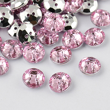 2-Hole Taiwan Acrylic Rhinestone Flat Round Buttons, Faceted & Silver Plated Pointed Back, Pink, 21x7mm, Hole: 1mm