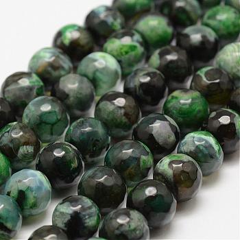 Faceted Natural Fire Crackle Agate Beads Strands, Round, Dyed & Heated, Green, 10mm, Hole: 1.5mm, about 38pcs/strand, 14 inch(35.6cm)