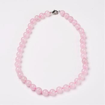 Natural Rose Quartz Beads Necklaces, with Brass Lobster Claw Clasps, Round, 17.7 inch(45cm) long, beads: 8mm.