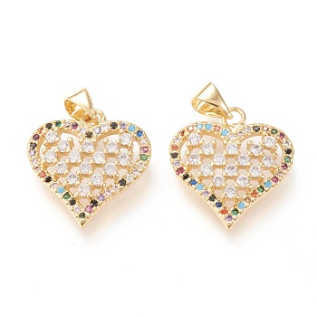 Brass Micro Pave Clear Cubic Zirconia Pendants, Long-Lasting Plated, Heart, Colorful, Golden, 23x18x3mm, Hole: 5x4mm