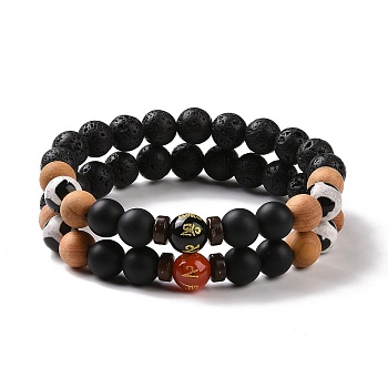 2Pcs Buddhist Natural Mixed Stone and Wood Beads Stretch Bracelets Set for Women Men, with Coconut Beads, Inner Diameter: 2-1/8 inch(5.3cm)