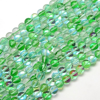 Synthetic Moonstone Beads Strands, Dyed, Holographic Beads, Half AB Color Plated, Round, Spring Green, 8mm, Hole: 1mm, about 49pcs/strand, 15 inch