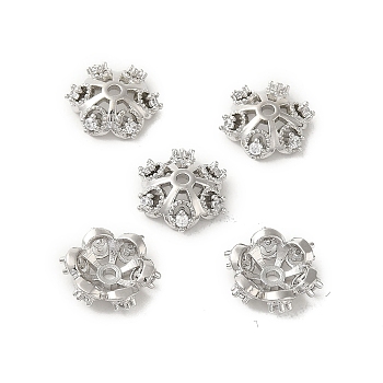 Rack Plating Brass Beads Caps, with Cubic Zirconia, Long-Lasting Plated, Lead Free & Cadmium Free, Flower, Platinum, 10x10x3.5mm, Hole: 1.4mm